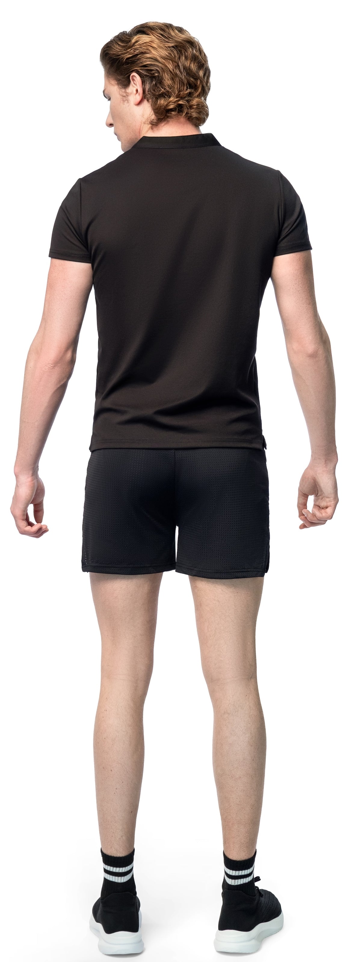 Model wearing The Prime Polo, back view